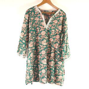 NWOT World Market Green Floral Print 3/4 Sleeves V-Neck Tunic size L/XL